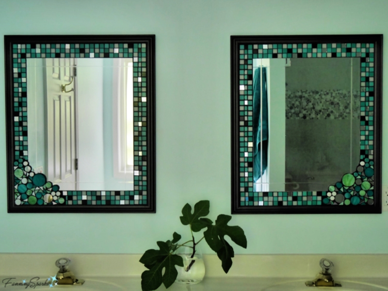Wall Mirror: Pair Set Geometric Tile Pattern, Coastal Eclectic Bathroom.