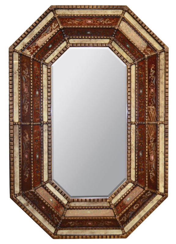 Wall Mirror Peruvian Reverse Painted Glass Floral Bohemian Style