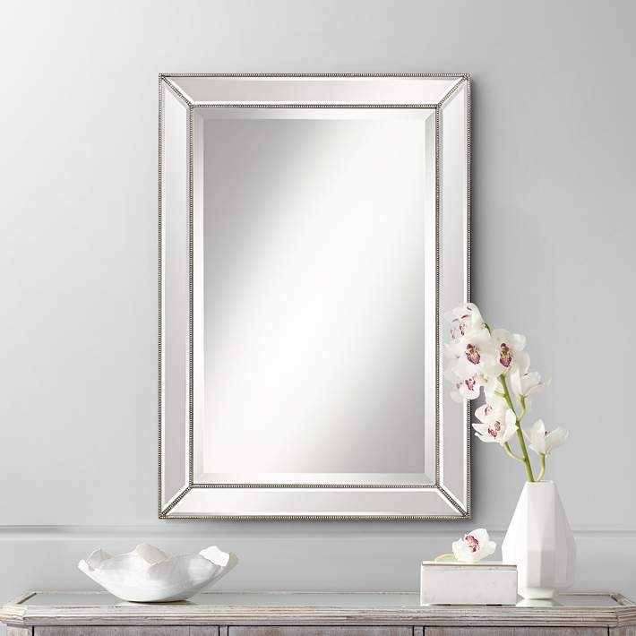 Wall Mirror Pewter Finish Beaded Border Rectangular