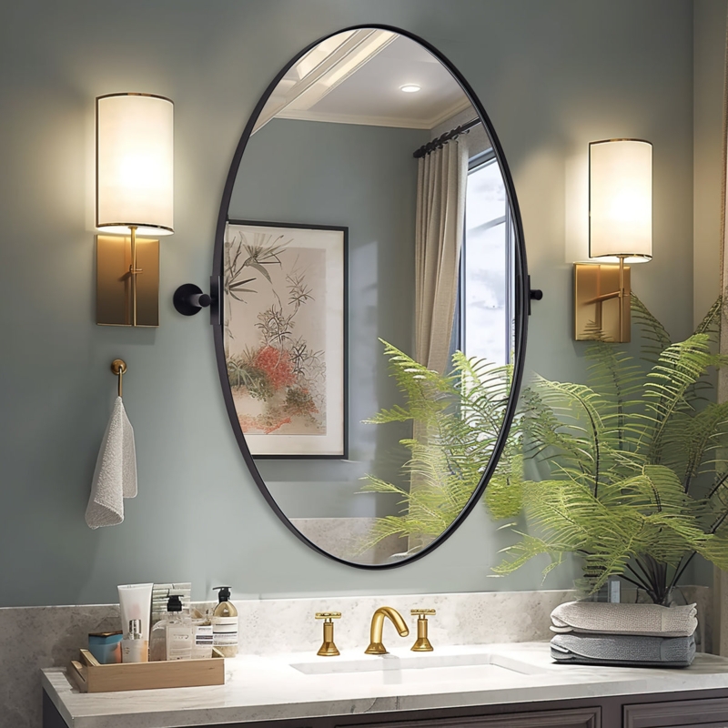 Wall Mirror Pivot Mount Adjustable Tilt Matte Black Frame