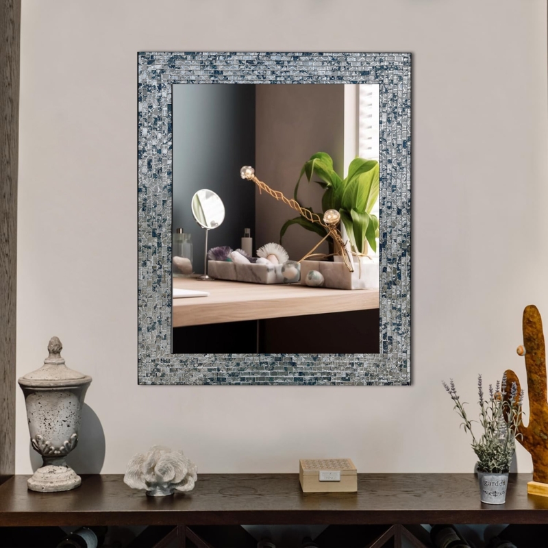Wall Mirror Rectangular Cobalt Blue Silver Embossed Glass Mosaic