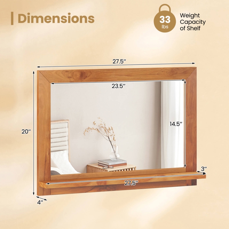 Wall Mirror Rectangular Integrated Shelf Wood Toned Farmhouse
