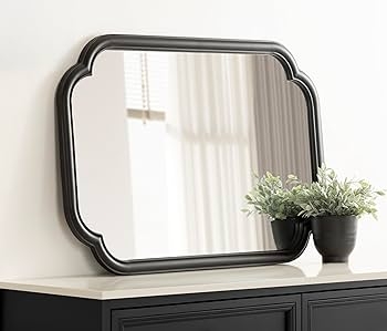 Wall Mirror Rectangular Scalloped Edges Black Finish Thin Frame