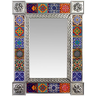 Wall Mirror Rectangular Talavera Ceramic Tiles Embossed Metal Border