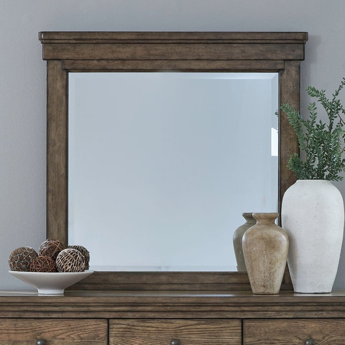 Wall Mirror Rectangular Wide Wood Grain Frame Flat Profile Brown