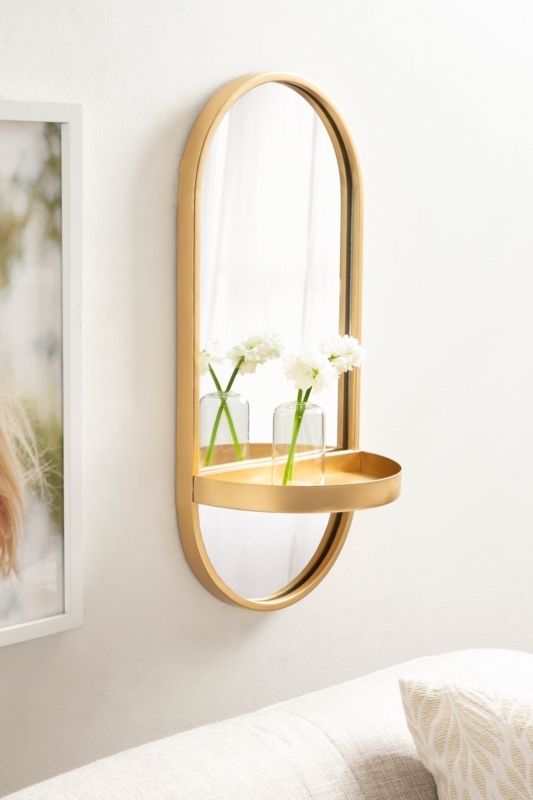 Wall Mirror Rectangular with Integrated Shelf Gold Tone Metal