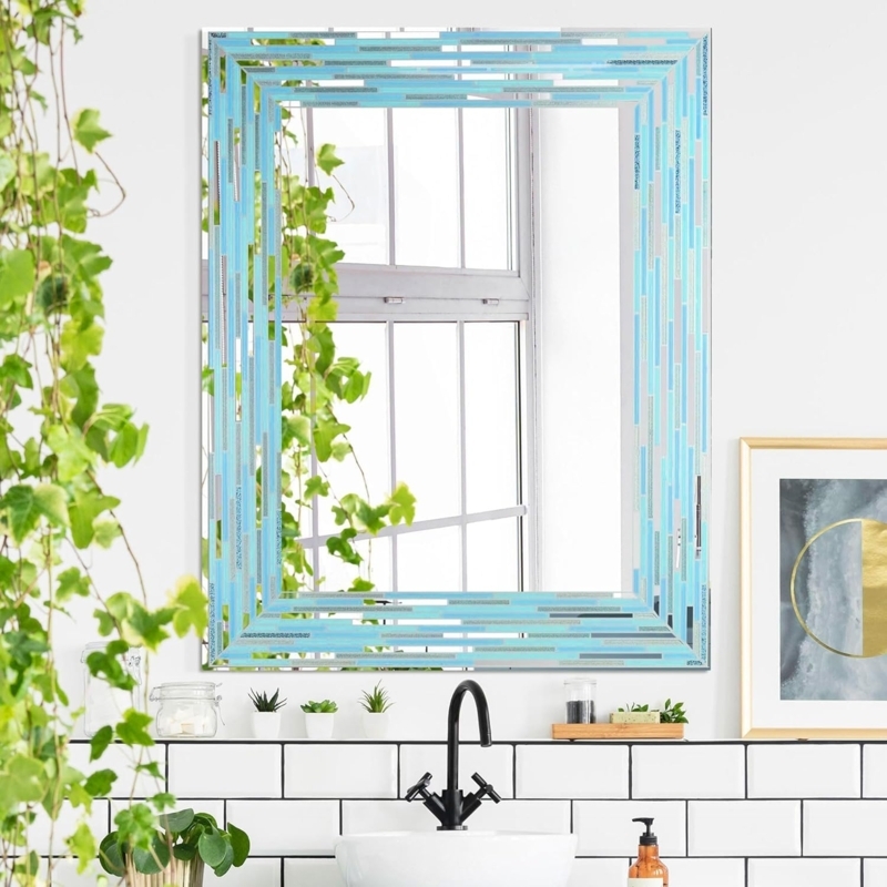 Wall Mirror: Reeded Mosaic Border Sea Glass, Rectangular Coastal Vanity.