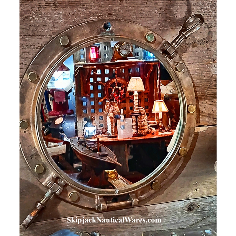 Wall Mirror Round Antique Brass Porthole Hinged Frame Wing Nuts