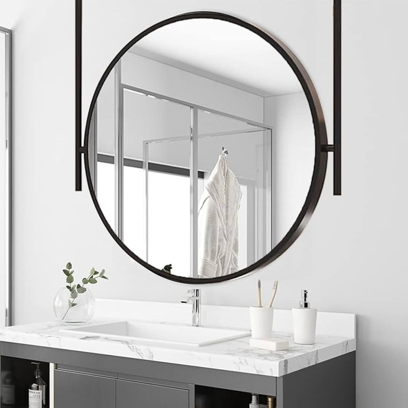 Wall Mirror Round Black Hanging Rod Industrial Circle Design