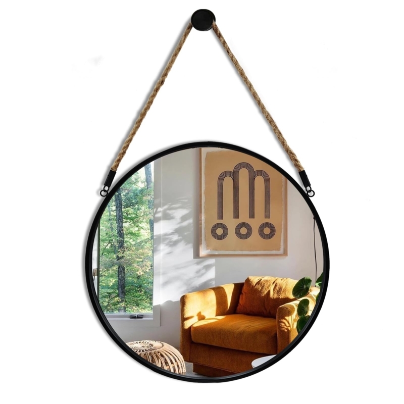Wall Mirror Round Black Metal Frame Rope Hanger Wall Peg Farmhouse