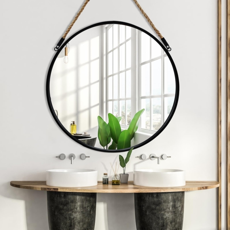 Wall Mirror Round Black Thin Frame Rope Hanger Modern Farmhouse
