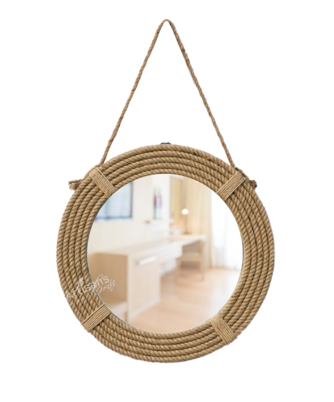 Wall Mirror: Round Braided Rope Frame Featuring an Integrated Shelf