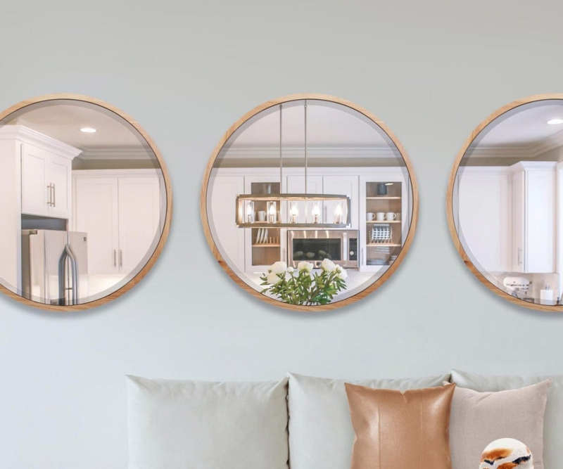 Wall Mirror Round Dark Wood wide beveled frame visible grain finish.