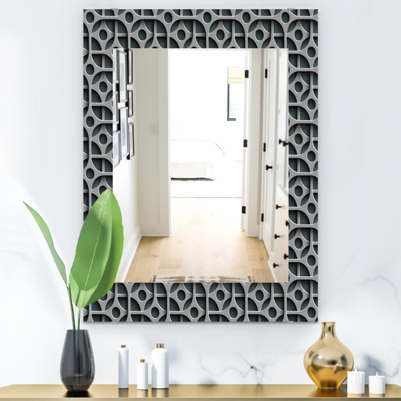 Wall Mirror Round Frameless abstract geometric printed surface grey silver.