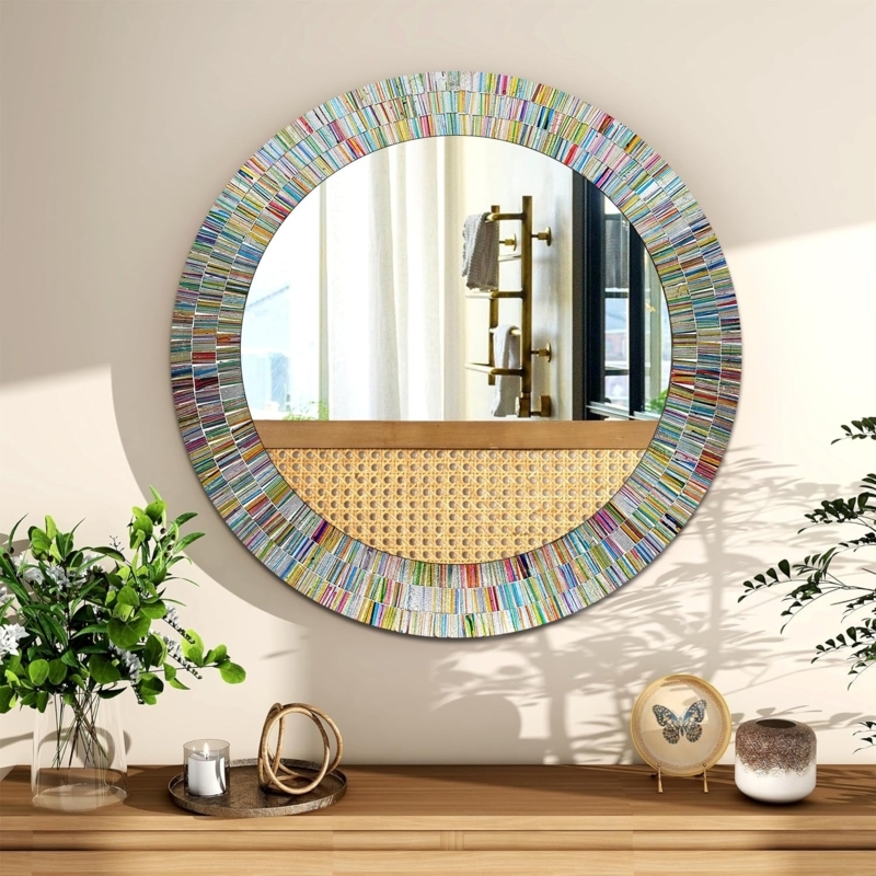 Wall Mirror Round Glossy Glass Tiles Multi Color Spectrum Mosaic