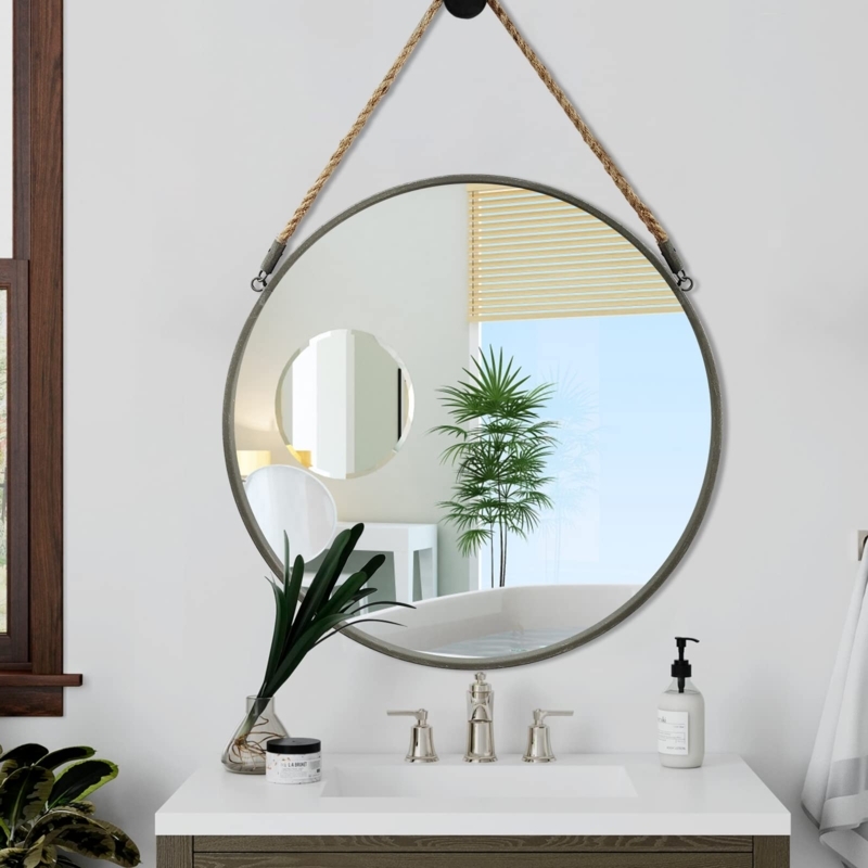 Wall Mirror Round Grey Rope Frame Wood Peg Hanger Farmhouse Decor