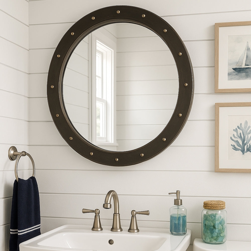 Wall Mirror Round Industrial Silver Riveted Metal Frame Decor