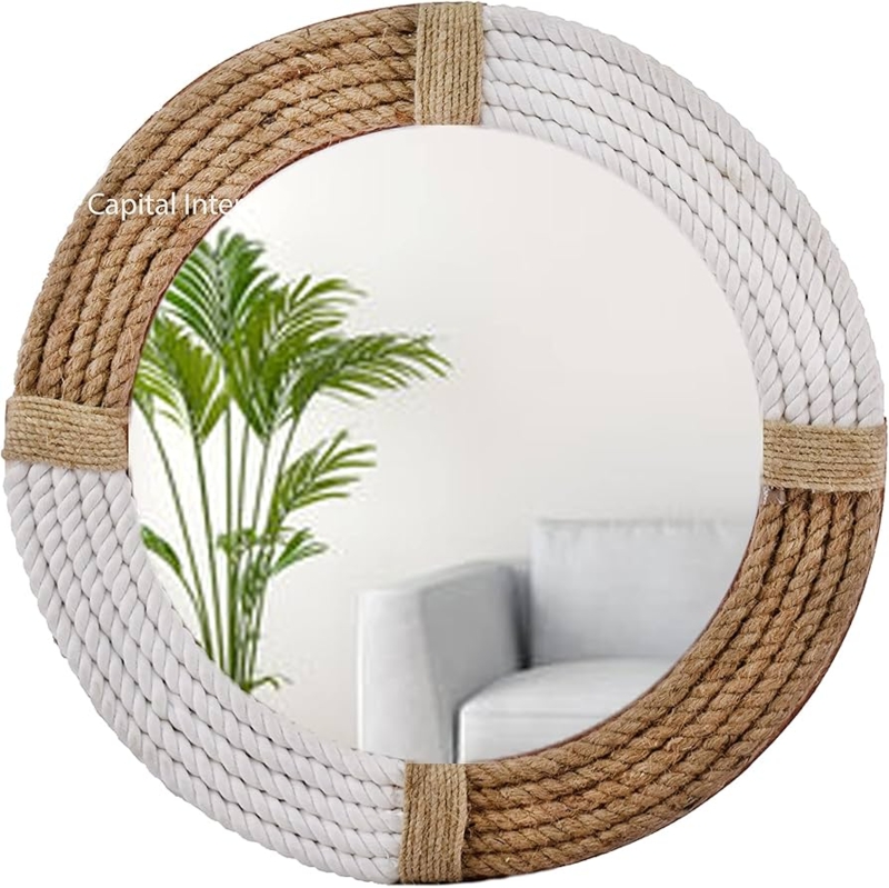 Wall Mirror Round Nautical Jute Rope Frame Metal Accents Farmhouse