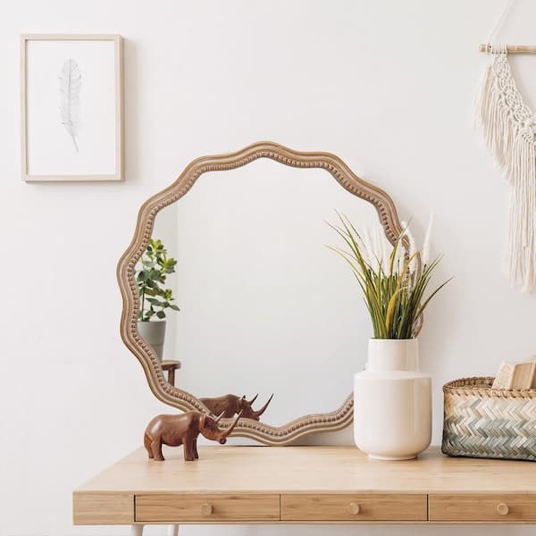 Wall Mirror Round Scalloped Edge Wood Wavy Frame