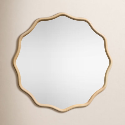 Wall Mirror Round Scalloped Frame Natural Wood Tone Coastal