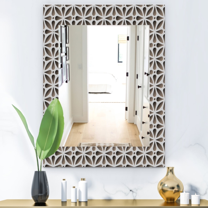 Wall Mirror Round Silhouette abstract printed border grey silver art.