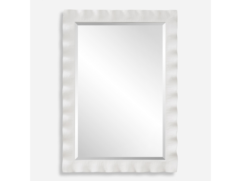 Wall Mirror, Round Silhouette, Sculptural Frame, Off-White Finish