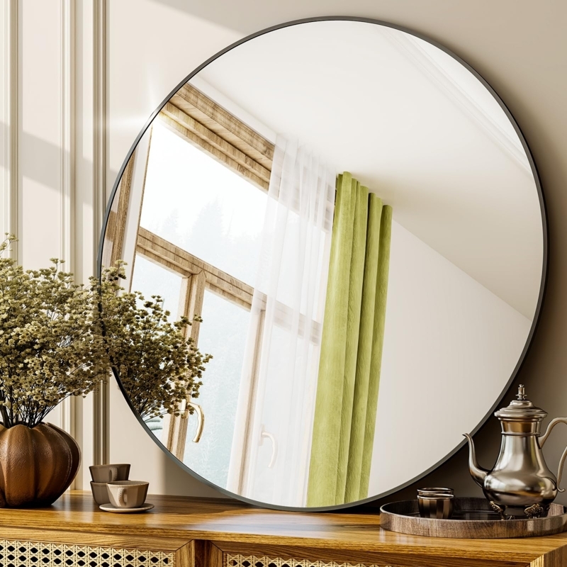 Wall Mirror, Round Silhouette, Thin Matte Black Frame, Entryway Decor