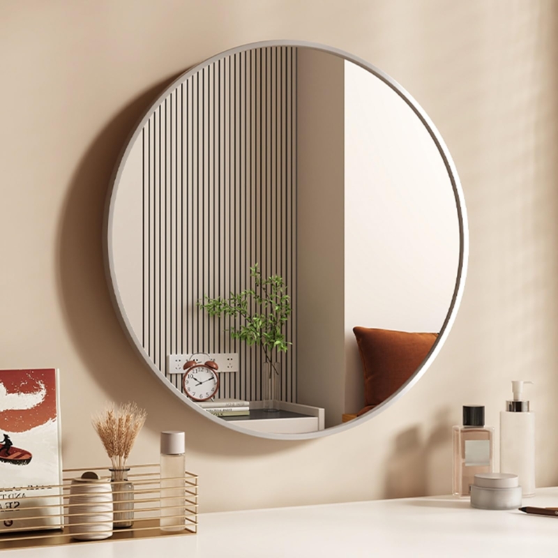 Wall Mirror Round Silver Metallic Rim Airy Entryway Styling