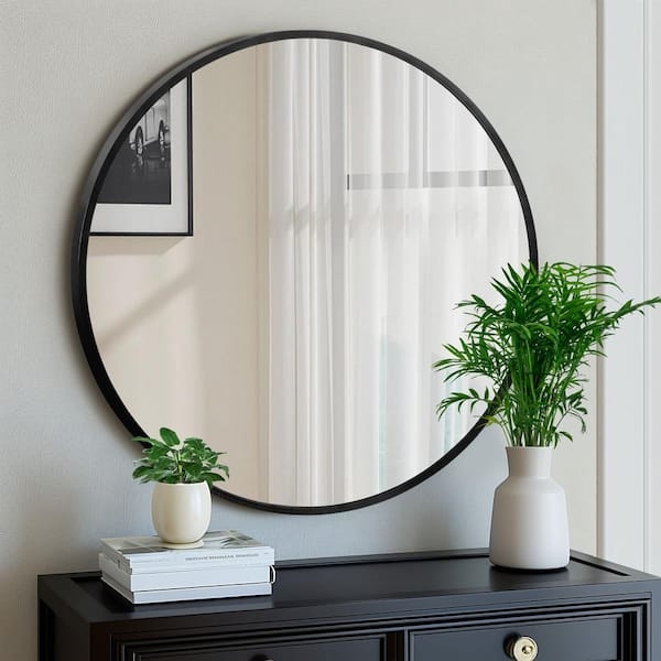 Wall Mirror Round Slender Metal Frame Scandinavian Entryway