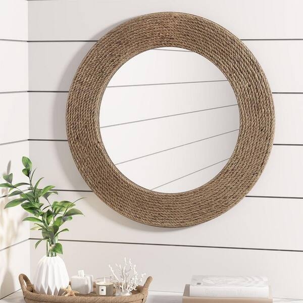 Wall Mirror Round Thick Cream Braided Rope Fabric Frame Coastal