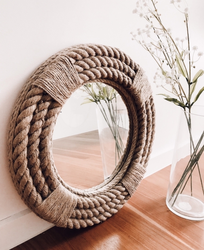 Wall Mirror Round Triple Band Jute Rope Frame Coastal Style