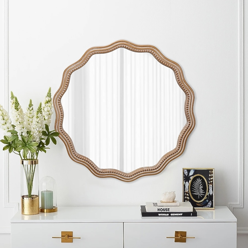 Wall Mirror Round Wavy Frame Natural Brown Wood Organic