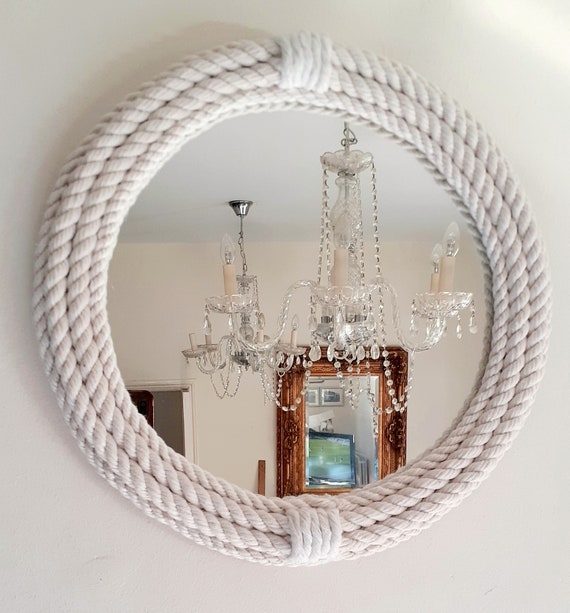Wall Mirror Round White Coiled Rope Frame Nautical Nursery
