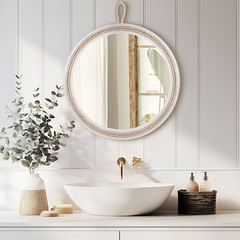 Wall Mirror Round White Frame Natural Rope Hanger Coastal Decor