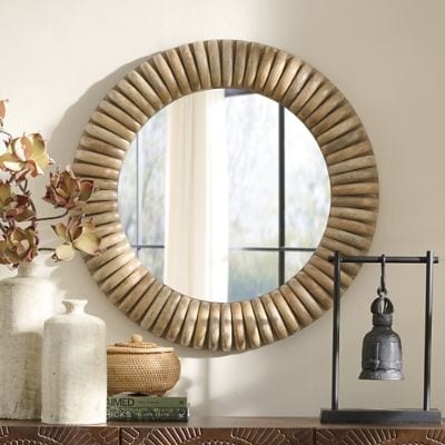 Wall Mirror, Round Wide Ribbed Wood Frame, Satin Finish