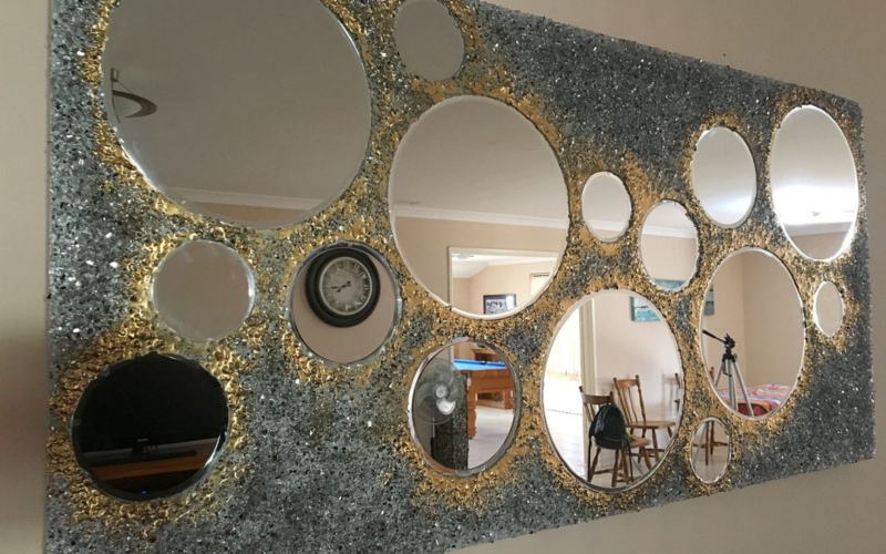 Wall Mirror, Round with Shimmering Silver Crushed Glass and Resin Frame