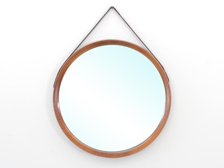 Wall Mirror Round Wood Frame leather hanging strap buckle detail mid century.
