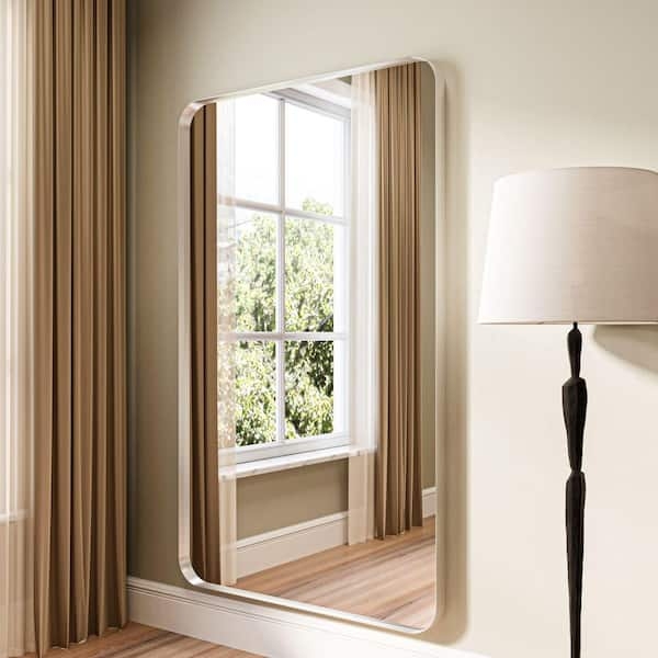 Wall Mirror Rounded Corners Silver Frame Vertical Modern Style
