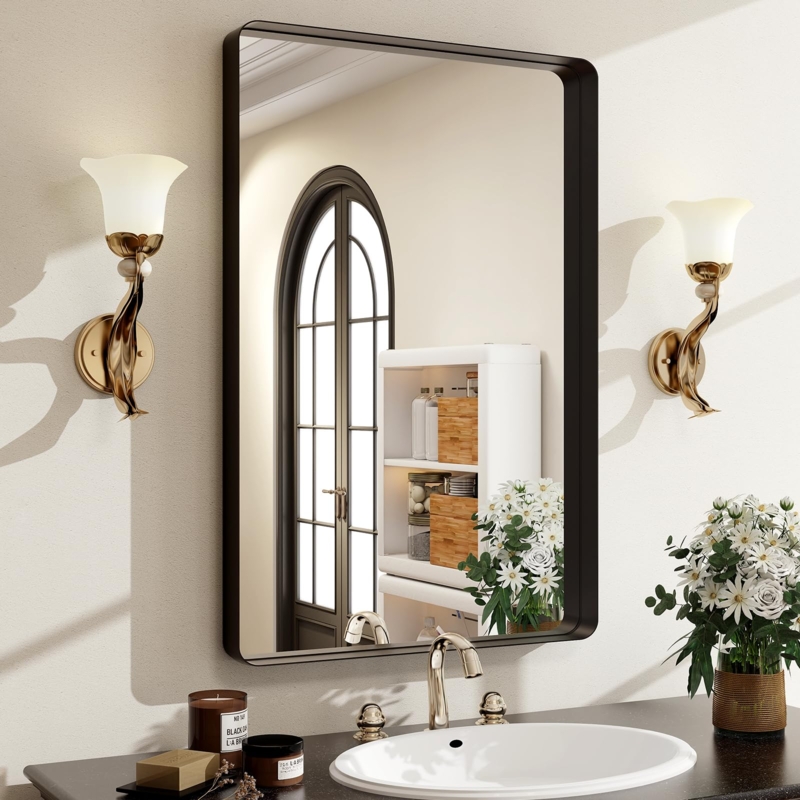 Wall Mirror Rounded Corners Thin Matte Black Frame Minimalist Bath