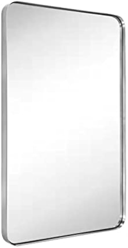 Wall Mirror Rounded Corners, Thin Metal Bezel, Brushed Finish