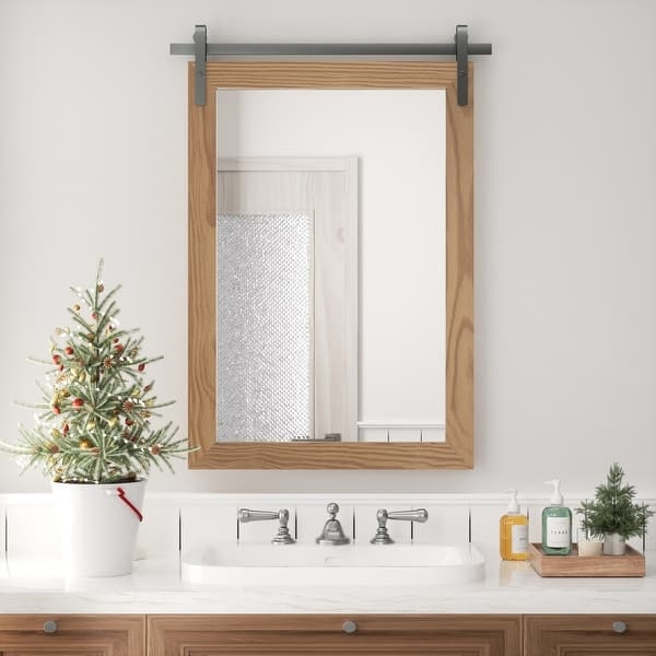 Wall Mirror Rustic Brown Distressed Wood Cross Brace Barn Door
