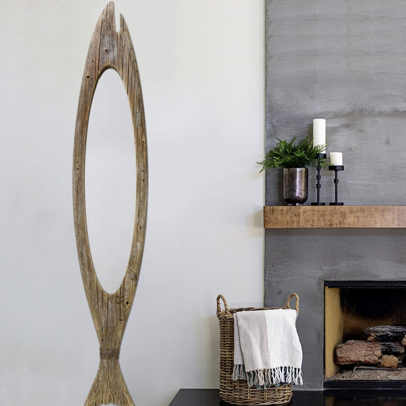 Wall Mirror: Rustic Fish Shape with Carved Wood Scale Texture