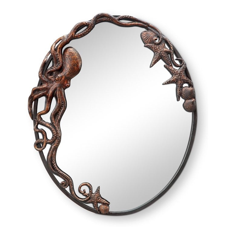 Wall Mirror Sculptural Octopus Motif Antique Pewter Finish Coastal