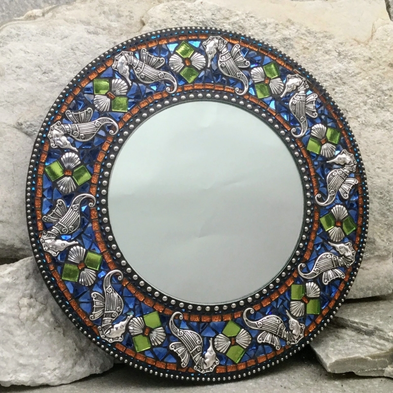Wall Mirror: Seahorse Accents Shell Details, Coastal Mosaic Wall Mirror.