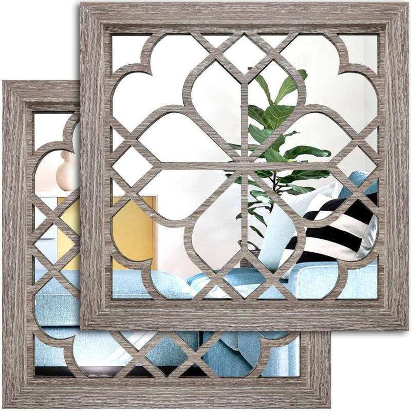 Wall Mirror Set Weathered Wood Windowpane Rustic Farmhouse