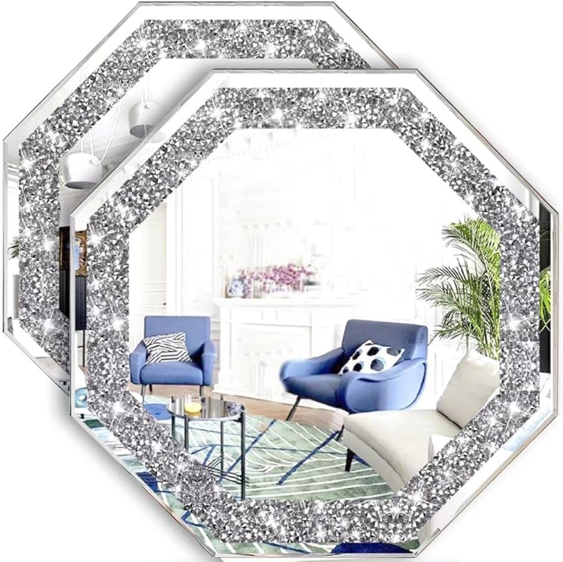 Wall Mirror Silver Crushed Diamond Border Glam Accent Decor