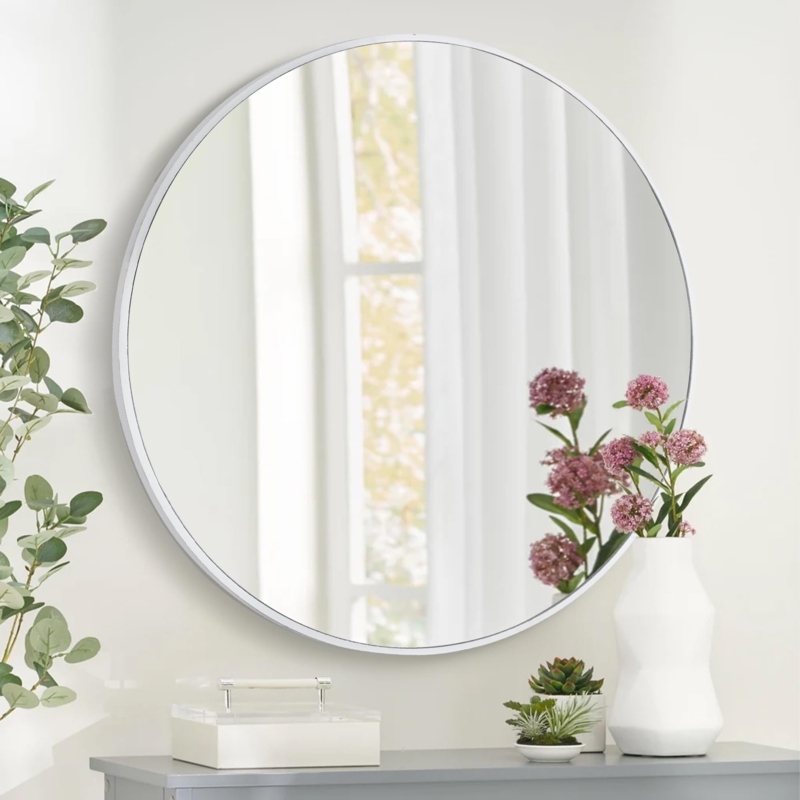 Wall Mirror, Slim Frame, Circular Silhouette, Bathroom Layout