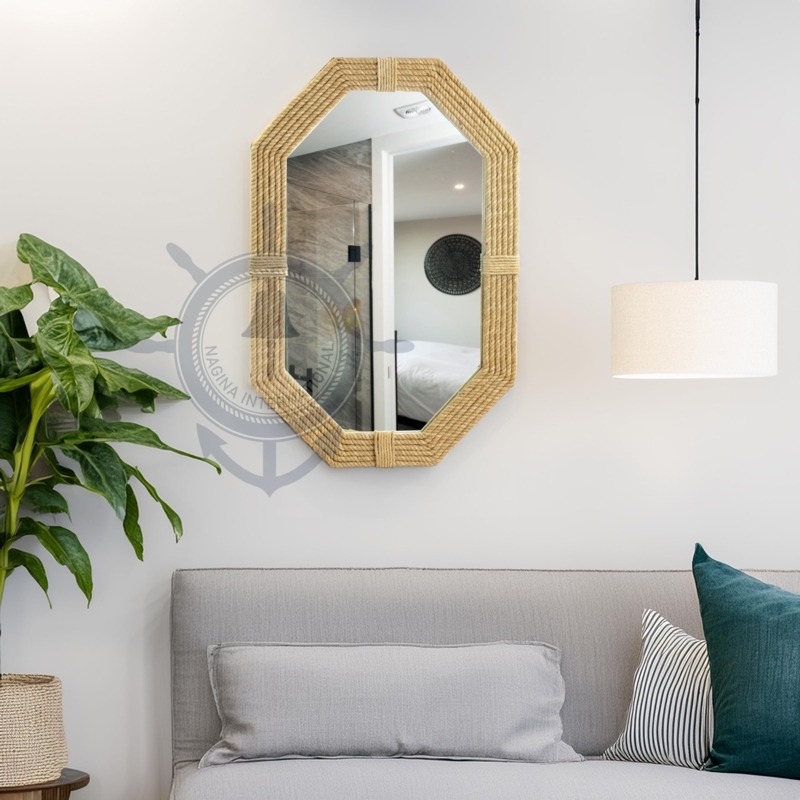 Wall Mirror Thick Braided Jute Rope Frame Rustic Coastal Loop