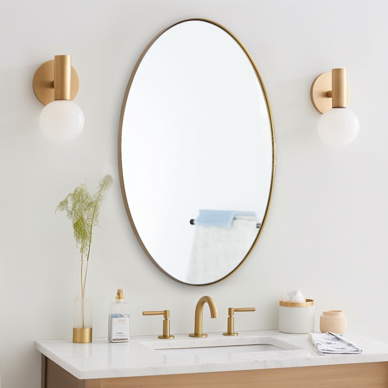 Wall Mirror Thin Gold Frame Pill Shaped for Modern Vanity