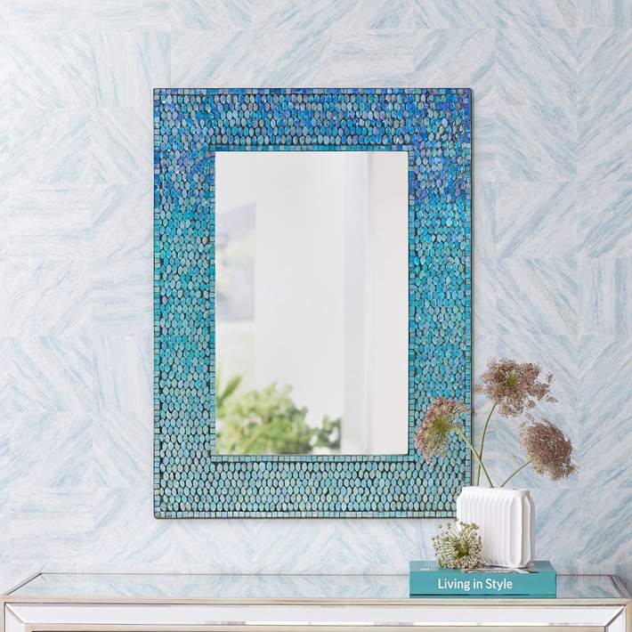 Wall Mirror: Tropical Sea Blue Textured Frame, Modern Beach House Decor.